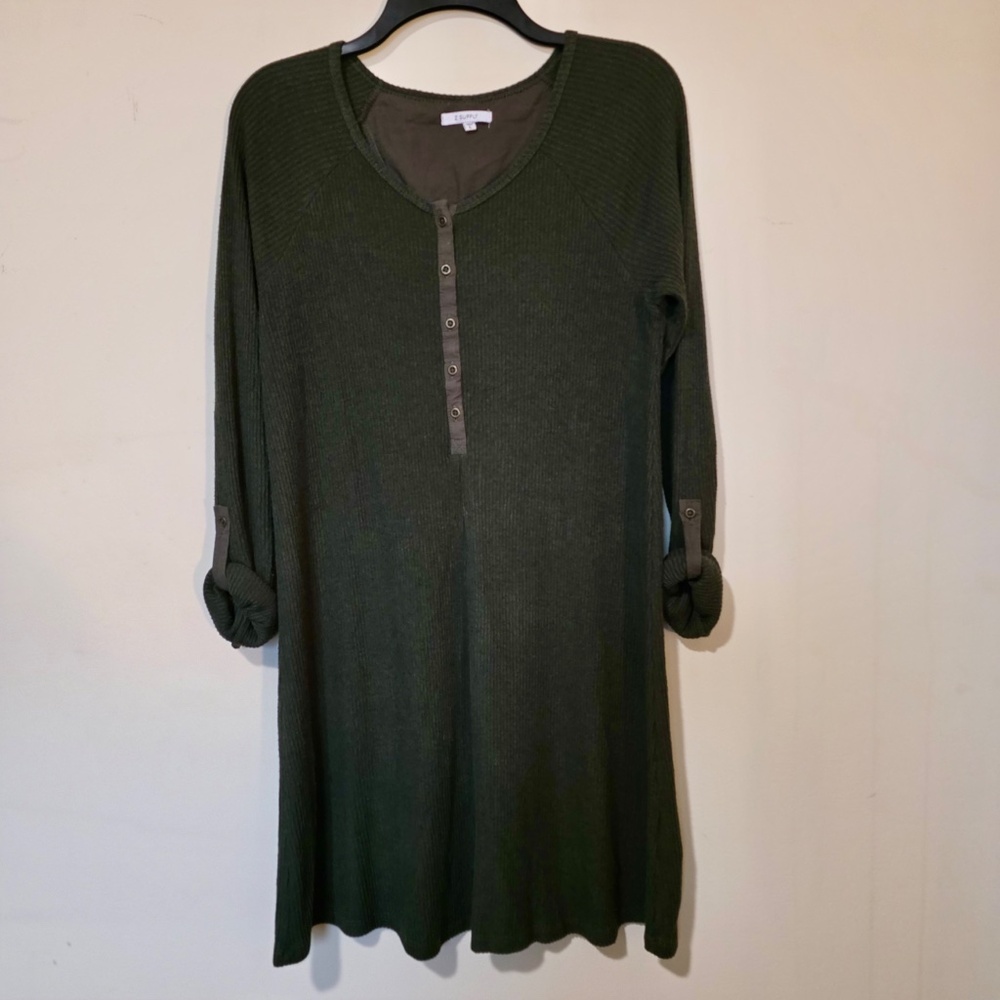 Z Supply Olive Green Ribbed Henley Mini Dress Long Sleeve Large Comfy Chic - Picture 3 of 7